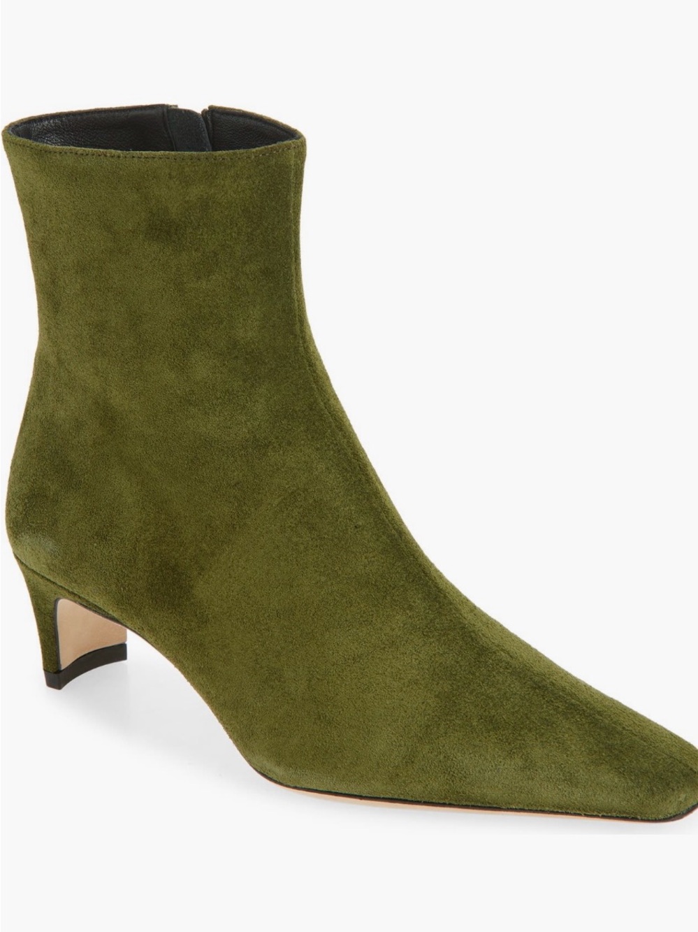 Staud, Wally Suede Olive Green Women’s Ankle Booties with Kitten Heel